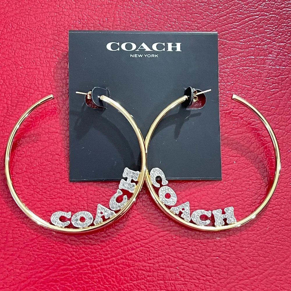 Coach Hoop Earrings Pave Signature Logo Large Rhinestones Sparkle 2 Tone Hoops - Picture 3 of 8